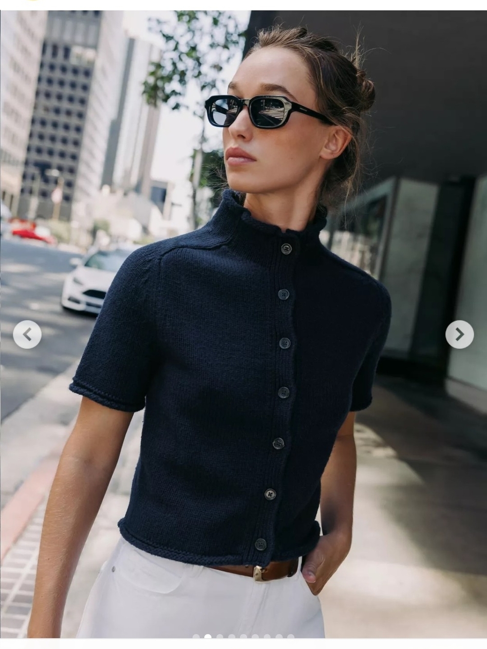 Zara Navy Short-Sleeve Button-Down Knit Top